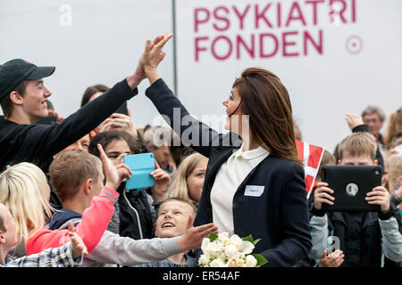 Ruds Vedby, Dänemark. 27. Mai 2015. Prinzessin Mary gibt ein High-Five Schulkinder. Die Prinzessin besuchte Ruds Hautzuerst Schule anlässlich der Einweihung des "Reach Out" Projekts, die Schülern beibringen, Methoden zur Bewältigung Gedeihstörung. Die Prinzessin nahmen in der ersten Lektion Credit: OJPHOTOS/Alamy Live News Stockfoto