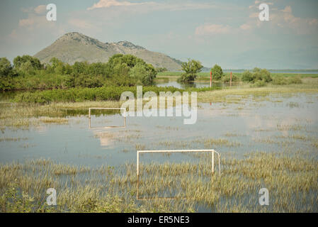 Fußballplatz in Virpazar, Nationalpark Lake Skadar, Montenegro, Western Balkan, Europa überschwemmt Stockfoto