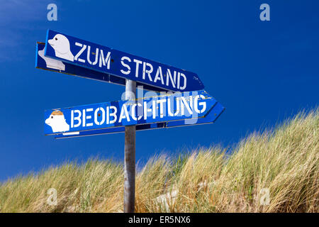 Wegweiser für den Strand und Dichtung Beobachtung Punkt, Osterhook, Insel Langeoog, Nordsee, Ostfriesischen Inseln, Ostfriesland, niedrig Stockfoto