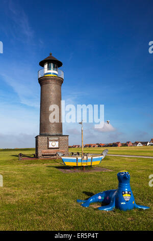 Leuchtturm mit Dichtung Skulptur, Nationalpark, Nordsee, Ostfriesischen Inseln, Ostfriesland, Insel Juist, Niedersachsen, Deutschland Stockfoto