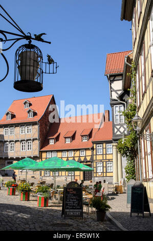 Fachwerkhäuser am Finkenherd, Quedlinburg, Harz, Sachsen-Anhalt, Deutschland, Europa Stockfoto