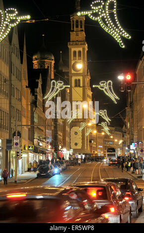 Christkindlmarkt am Rathausplatz Platz und Karolinen Straße, Augsburg, Schwaben, Bayern, Deutschland Stockfoto