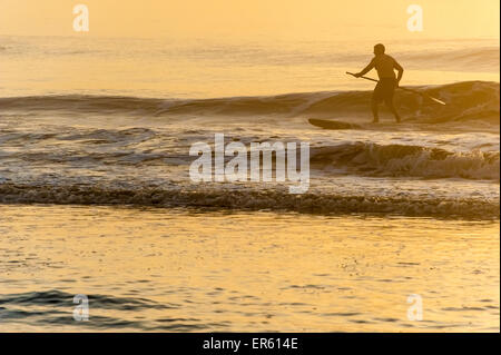 Stand Paddleboarder Surfen "Dawn Patrol" in Ponte Vedra Beach in der Nähe von Jacksonville, Florida, USA. Stockfoto