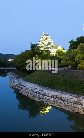 Nachtansicht von Okayama Schloss (den Spitznamen Crow) in Okayama-Präfektur. National Historic Site of Japan Stockfoto