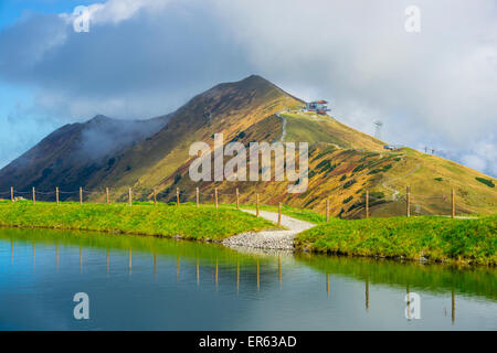 Stausee, Wasser in den Schnee zu ernähren Kanonen für die Piste der Fellhornbahn und Kanzelwandbahn, Fellhorn hinter 2038m Stockfoto