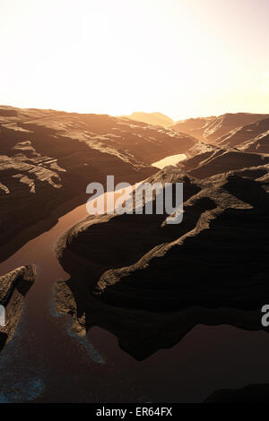 Luftaufnahme von einer Schlucht mit einer Schuld Entwässerungbassin Natursee 3D Grafik Stockfoto