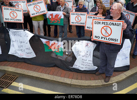 Llangefni, Anglesey, Wales, UK. 28. Mai 2015.  Demonstranten versammeln sich außen Anglesey Gemeindeverwaltung. die Frage der zukünftigen Masten auf der Insel und in den nahe gelegenen Menai Straits hervorheben. Bei einem Besuch des National Grid Offizieren Credit: Robert Eames Alamy Live News Stockfoto