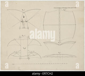 Konstruktionszeichnung für eine Mann-angetriebene Flugmaschine, entworfen von Sir George Cayley. Datum, 1853. Stockfoto