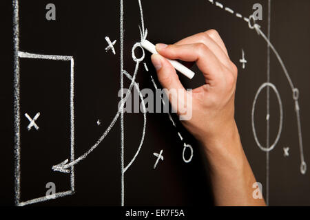 Handzeichnung ein Fußball Spiel Taktik mit weißer Kreide auf die Tafel. Stockfoto