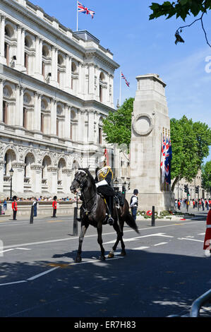 Ein Mitglied der Household Cavalry während der Eröffnung des Parlaments führt die Prozession, London, England. Stockfoto