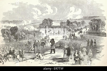 Die Schlacht am Bull Run, zwischen der Eidgenössischen Armee, unter dem Kommando von Generalmajor McDowell und der Armee der Konföderierten unter Generälen Johnston und Beauregard, am 21. Juli 1861 - Vormarsch der Truppen Stockfoto