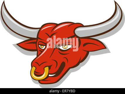 Abbildung eines Texas Longhorn Stier Kopf mit Nasenring gesetzt auf isolierten weißen Hintergrund im Cartoon-Stil gemacht. Stockfoto