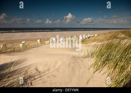 Strandkorb - Strandkörbe am Hauptstrand, Osten Ostfriesischen Insel Spiekeroog, Niedersachsen, Deutschland Stockfoto