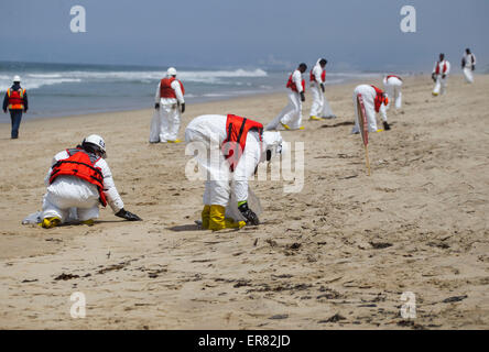 Los Angeles, USA. 28. Mai 2015. Arbeiter aufräumen Teer-ähnliche Substanz, die an Land in Manhattan Beach, Kalifornien, USA, am 28. Mai 2015 gewaschen. Beliebte Strände entlang fast 9 Meilen der Küstenlinie der Gegend von Los Angeles sind tabu, Surfen und schwimmen nach Teer-ähnliche Substanz an den Strand gespült. Der Umweltwissenschaftler sagte, es ist zu früh zu sagen, ob das Material in Manhattan Beach eine Beziehung mit der Ölpest am Refugio Strand in der Nähe von Santa Barbara haben könnte. Es gab keine Indikation Tiere geschädigt worden. Bildnachweis: Zhao Hanrong/Xinhua/Alamy Live-Nachrichten Stockfoto