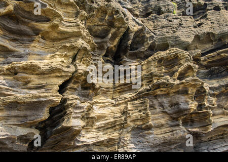 Mehrstöckige geschichteten rau und seltsame Sedimentgesteine im berühmten touristischen Ort Yongmeori Coast(Dragon head coast) in Jeju Island. Stockfoto
