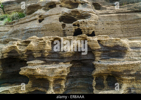 Mehrstöckige geschichteten rau und seltsame Sedimentgesteine im berühmten touristischen Ort Yongmeori Coast(Dragon head coast) in Jeju Island. Stockfoto