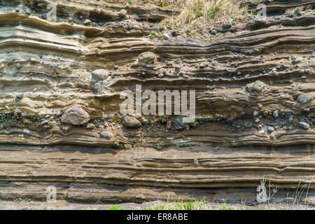 Sedimentgestein (pyroklastischen Ablagerung) bei Suwolbong, UNESCO Global Geopark, Insel Jeju, Korea. Stockfoto