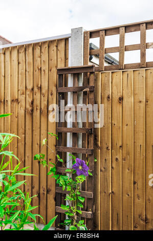 Schließen Sie bestiegen, hölzerne Umzäunung und quadratischen Gitter. Horizontal und vertikal fixiert. Stockfoto