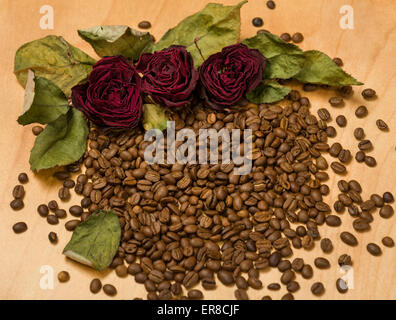 trockene rote Rosen auf Kaffee Samen und Holz Hintergrund Stockfoto