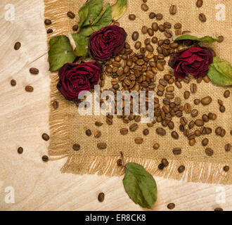 trockene rote Rosen auf Kaffee Samen und Holz Hintergrund Stockfoto