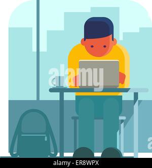 Junger Mann am Laptop im Café arbeiten. Stock Vektor