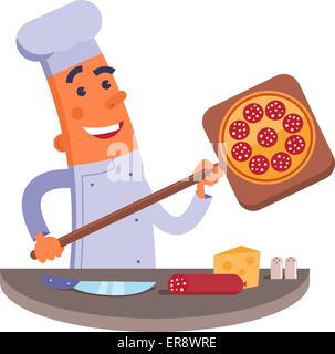 Cartoon Chef halten Pizza Schaufel mit Pizza. Stock Vektor