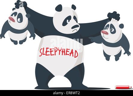 Drei Pandas. Großer Panda zwei kleine hält und versucht herauszufinden, wer es geschrieben hat. Stock Vektor