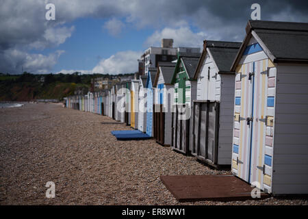 Eine Reihe von bunten Strandhäuschen auf einem Kiesstrand in Seaton, Devon Stockfoto