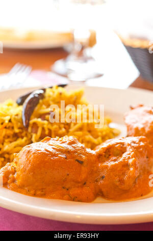 Vegetarische Malai Kofta-Kugeln in Soße Sauce mit Tamarinde Basmati-Reis Stockfoto