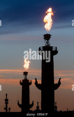 Ansicht von rostral Spalte Silhouetten mit Feuer während der City Day Feier in Stadt Zentrum von Sankt Petersburg, Russland Stockfoto