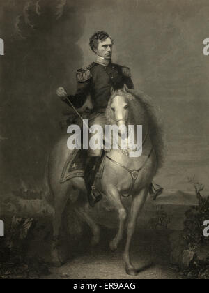 General Franklin Pierce in Uniform, zu Pferd, im Vordergrund; Mexikanisch-amerikanischen Krieges Kampfszene, zeigt Chapultapec Burg und Popocataepetl Vulkan im Hintergrund. Stockfoto