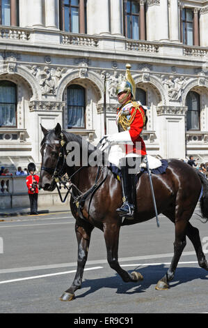 Ein Mitglied der Household Cavalry führt die königliche Prozession während der Eröffnung des Parlaments, London, England. Stockfoto