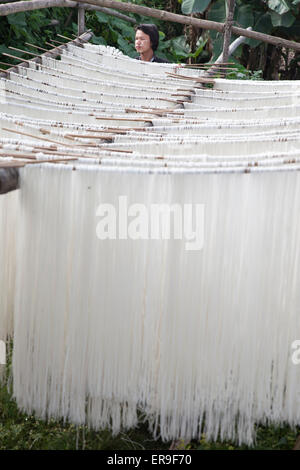 In Hsipaw sind Burma, frisch zubereiteten Reisnudeln auf Pole in der frischen Luft trocknen nach nahe gelegenen gemacht aufgehängt. Stockfoto