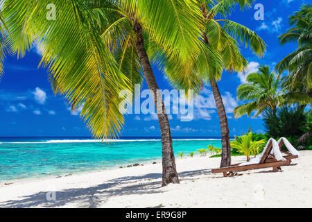 Strandliegen unter Kokospalmen mit einem Ozean anzeigen, Rarotonga, Cook-Inseln Stockfoto