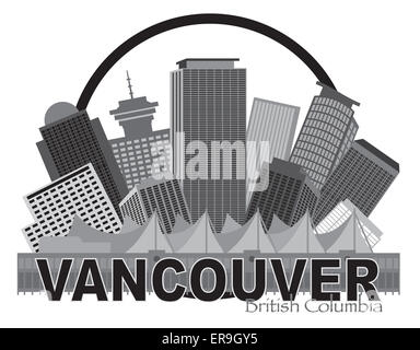 Vancouver British Columbia Kanada City Skyline im inneren Kreis Graustufen Illustration Stockfoto