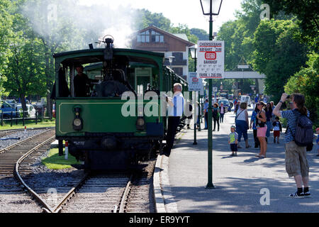 Chiemsee Bahn Lokomotive am Bahnsteig Prien Stock, Chiemsee, Chiemgau, Oberbayern, Deutschland, Europa. Stockfoto