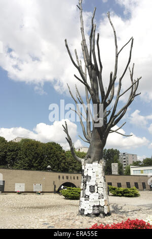 Blauer Himmel weiße Wolken Porträt, Eintritt in das Museum, Denkmal Baum mit Nachruf Plaques Gestapo Opfer, Pawiak-Gefängnis, Warschau Stockfoto