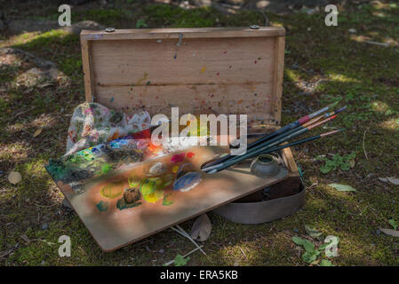 Palette von Farben auf einem grünen Naturrasen-Hintergrund Stockfoto