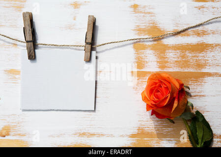White-Paper Schild hängen auf der Wäscheleine mit Wäscheklammern und eine Orange rose Stockfoto