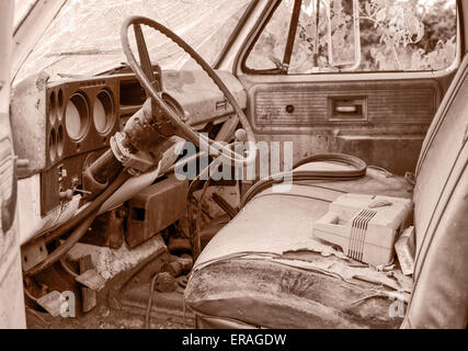 Innenansicht des verlassenen Abschleppwagen im ländlichen nördlichen Louisiana.  Verrostete, verbeulte Körper umgeben von Unkraut überwuchert. Stockfoto