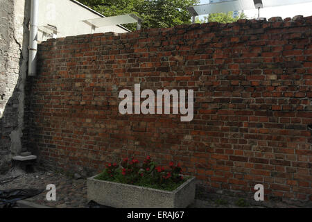 Sonnige Aussicht Überlebende Teil der roten Ziegel Warschauer Ghetto Wand, Hof bei 55 Sienna Street, Warschau, Polen Stockfoto