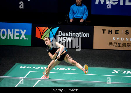 Sydney, Australien - 30. Mai 2015: Carolina Marin gewann 21-14 21-13 zu durchlaufen, das australische Badminton Open 2015-Finale des Turniers in Sydney am 30. Mai 2015 in Sydney, Australien. Stockfoto