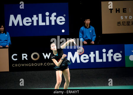Sydney, Australien - 30. Mai 2015: Carolina Marin gewann 21-14 21-13 zu durchlaufen, das australische Badminton Open 2015-Finale des Turniers in Sydney am 30. Mai 2015 in Sydney, Australien. Stockfoto