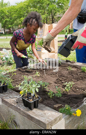 Detroit, Michigan - Mitglieder des Johanniterordens Presbyterianische Kirche Pflanze einen Gemeinschaftsgarten. Stockfoto