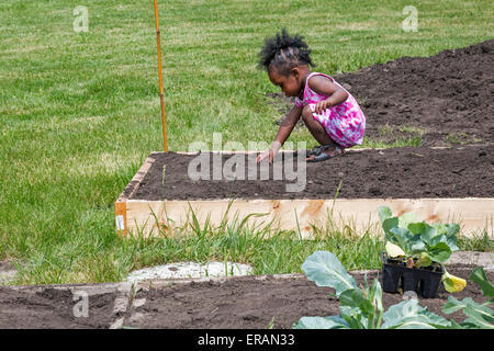 Detroit, Michigan - ein junges Mädchen hilft, wie Mitglieder der presbyterianischen Kirche St. Johns einen Gemeinschaftsgarten Pflanzen. Stockfoto