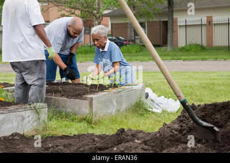 Detroit, Michigan - Mitglieder des Johanniterordens Presbyterianische Kirche Pflanze einen Gemeinschaftsgarten. Stockfoto