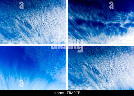 Fotosammlung von Skyscape mit Wolkenfetzen gegen den bunten blauen Himmel Stockfoto