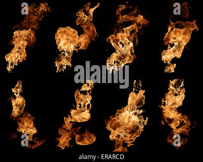 Fotosammlung des Feuers isoliert auf schwarz. Stockfoto