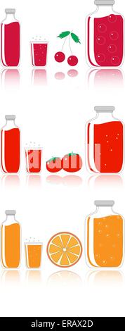 Kirsche, Tomate und Orangensaft.  Saft in Flaschen, Dosen und Glas auf weißem Hintergrund Stock Vektor