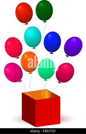 Öffnen Sie die Schachtel mit Luftballons. Vektor-Illustration. Isoliert auf weißem Hintergrund. Transparenz und Verlaufsgitter nicht verwendet Stock Vektor